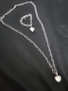 Vintage Sterling Silver Hollow Hearts Pendant Necklace and Bracelet Set